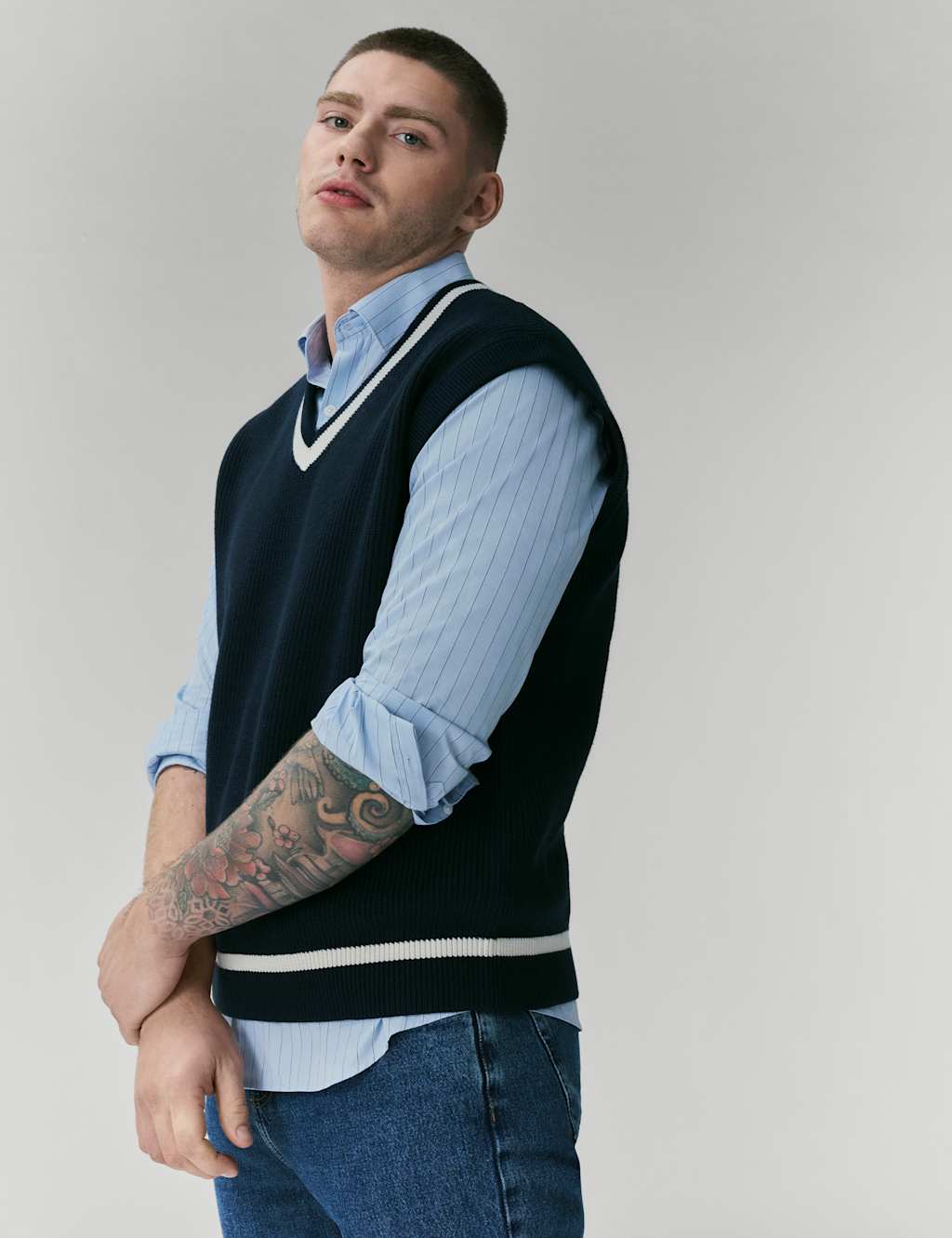 M&S Men's Regular Fit Pure Cotton Striped Shirt - L - Blue Mix