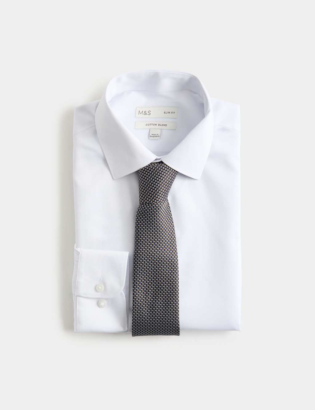 M&S Men's 2 Piece Slim Fit Easy Iron Shirt & Tie Set - 15 - Navy Mix