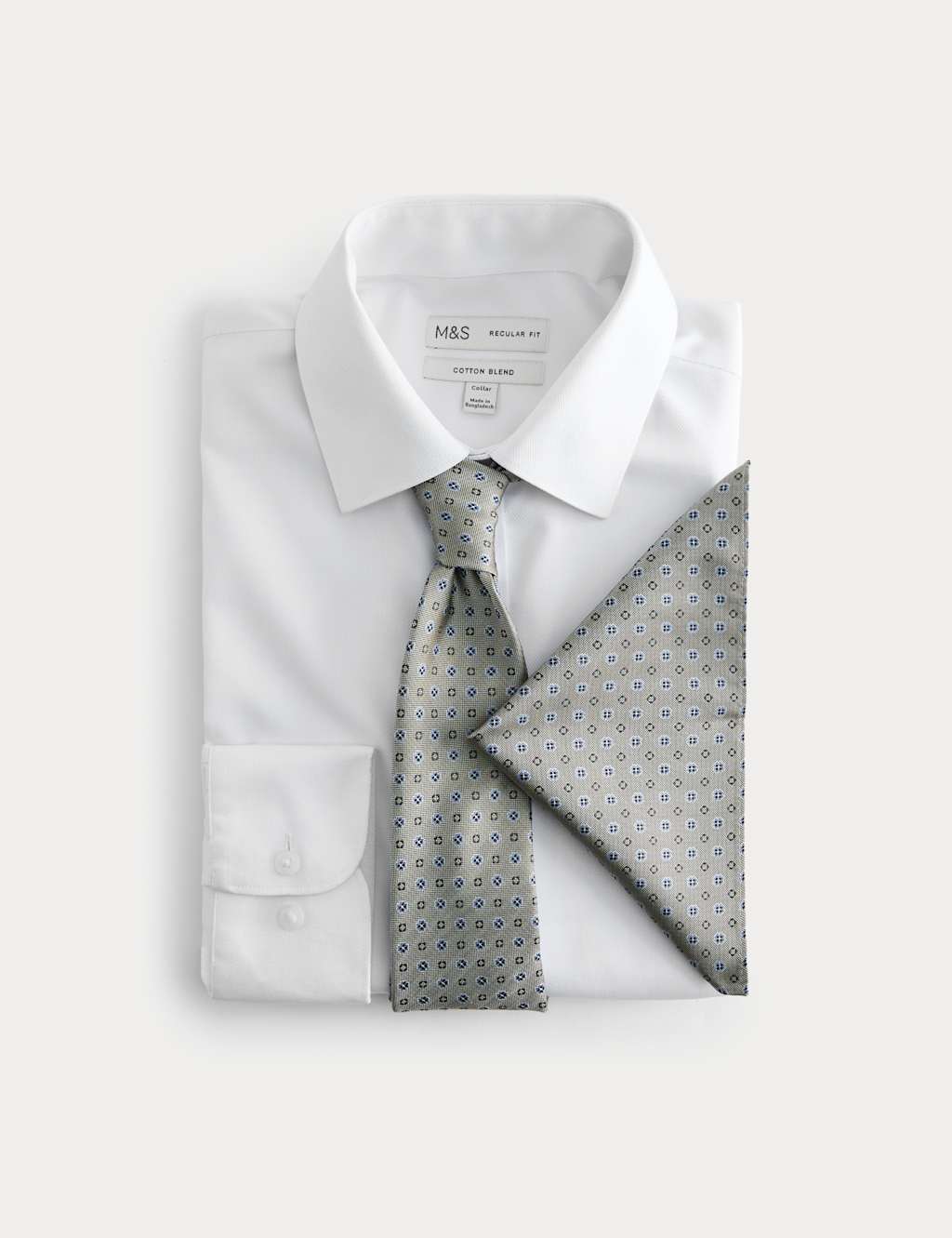 M&S Men's 4 Piece Regular Fit Easy Iron Shirt & Tie Set - 16½ - Green Mix