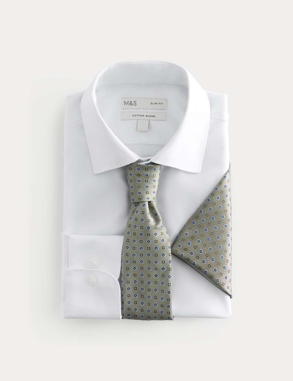 M&S Men's Slim Fit Easy Iron Shirt & Tie Set - 18 - Green Mix