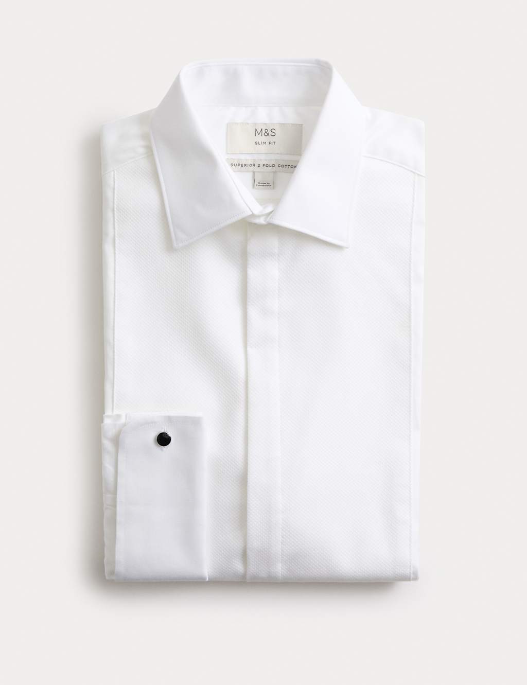 M&S SARTORIAL Slim Fit Luxury 2 Inch Shorter Pure Cotton Bib Dress Shirt White