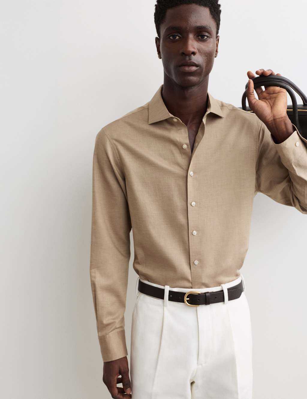 JAEGER Regular Fit Luxury Pure Cotton Textured Shirt Camel