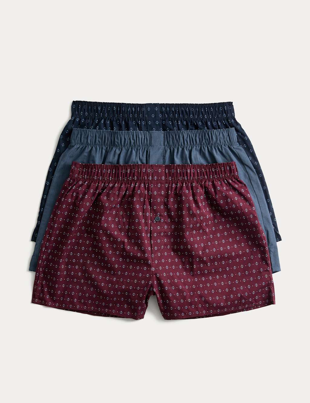 M&S 3pk Pure Cotton Foulard Woven Boxers Burgundy Mix
