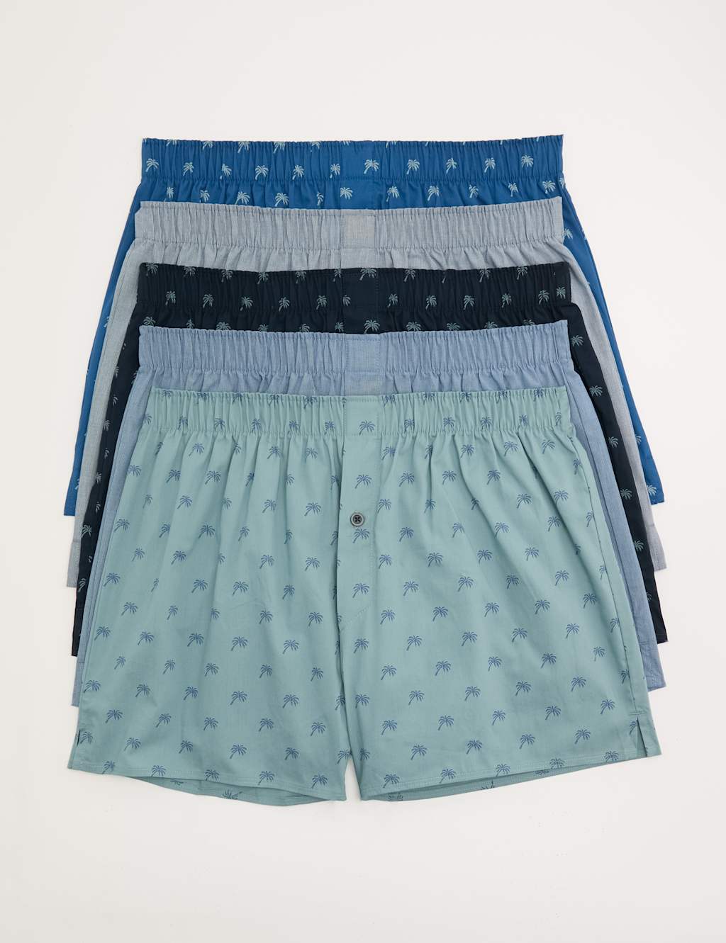 M&S Men's 5 Pack Pure Cotton Palm Print Woven Boxers - XL - Blue Mix