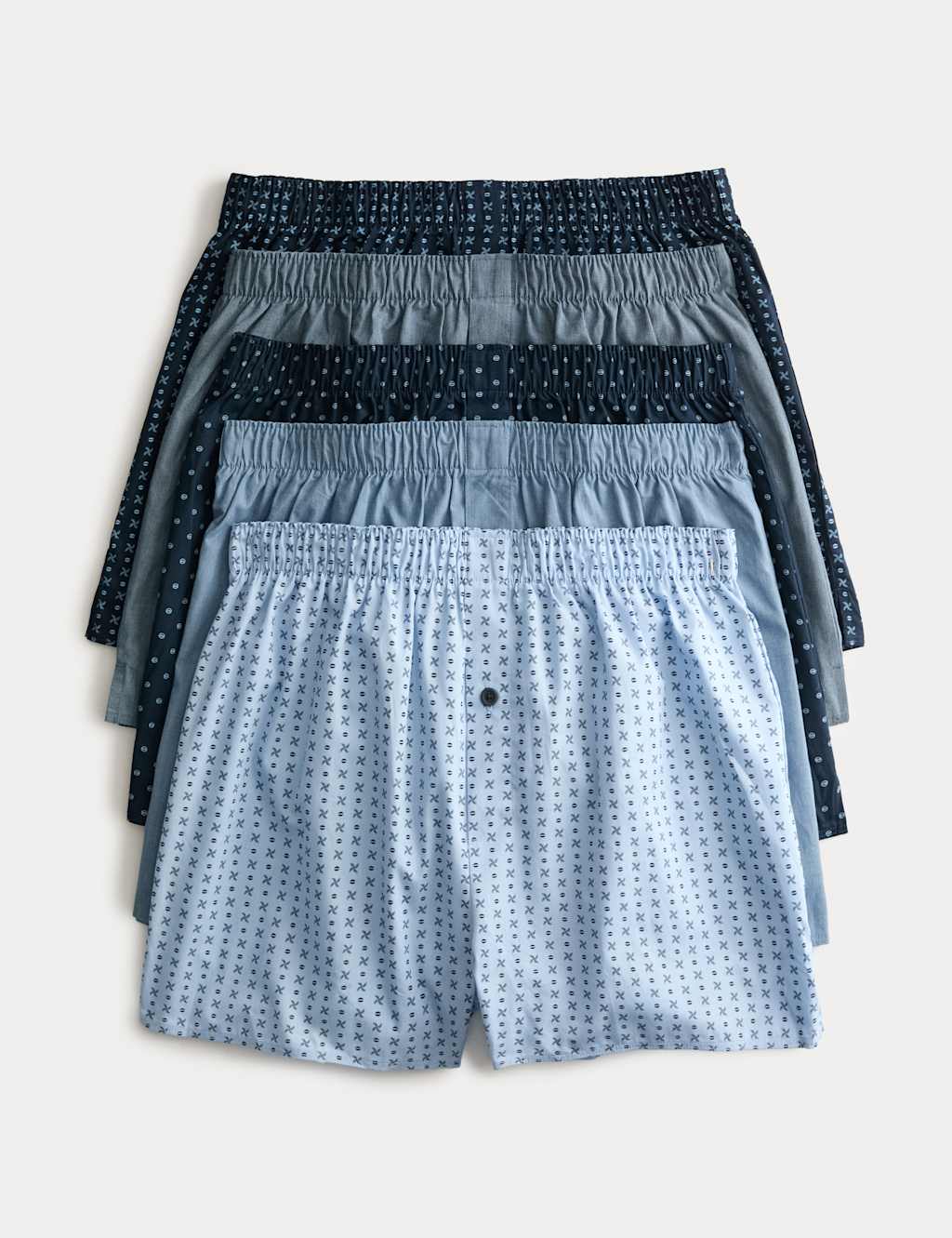 M&S Men's 5 Pack Pure Cotton Geometric Woven Boxers - M - Blue Mix