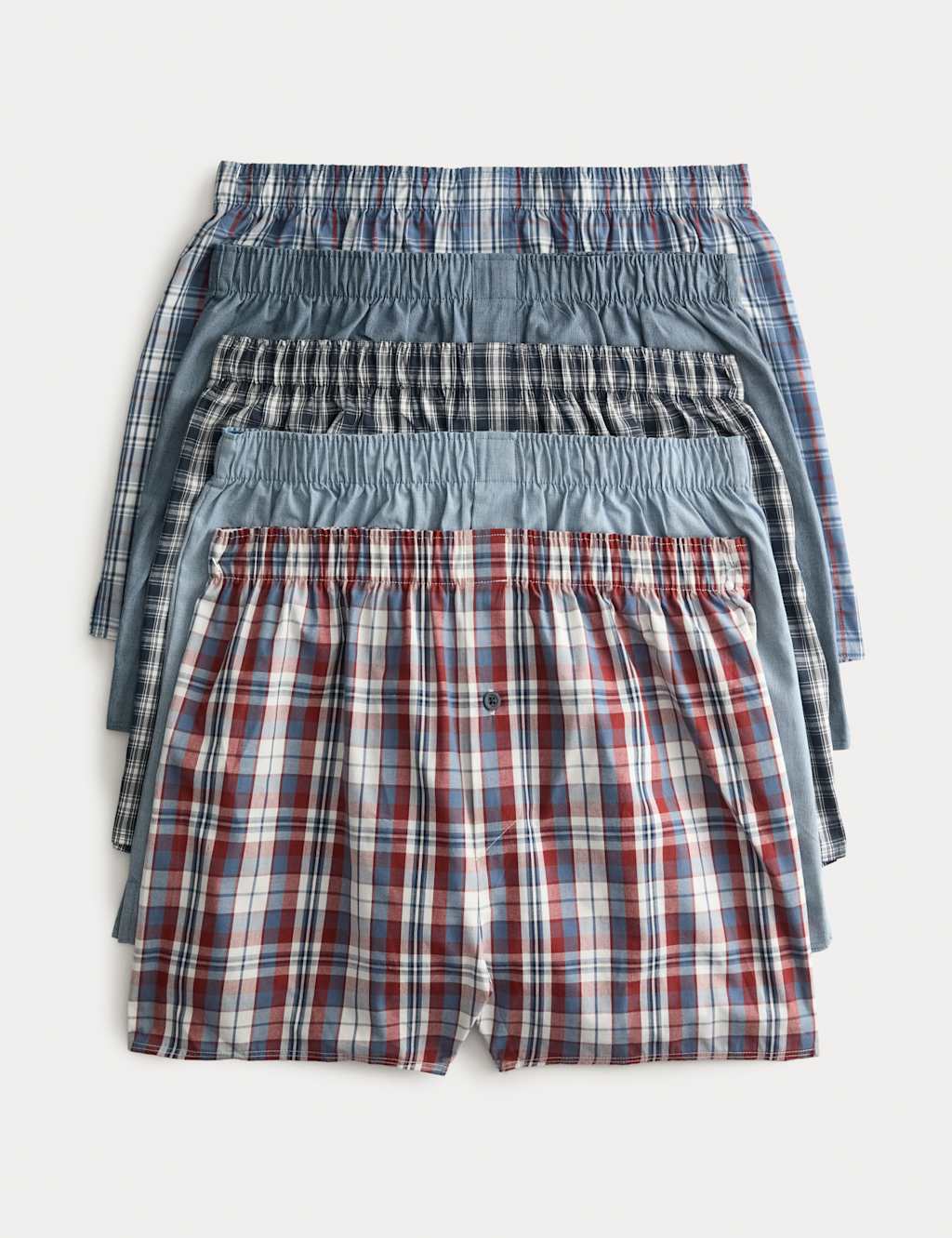 M&S Men's 5 Pack Pure Cotton Checked Woven Boxers - 2XL - Blue Mix