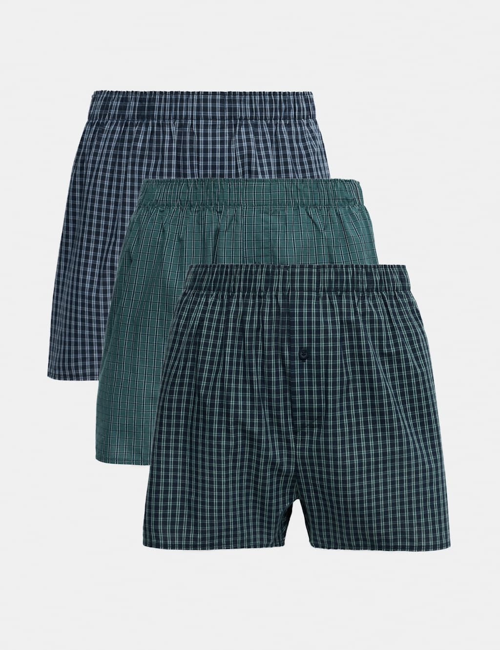 M&S Men's 3 Pack Pure Cotton Checked Woven Boxers - 2XL - Teal Mix