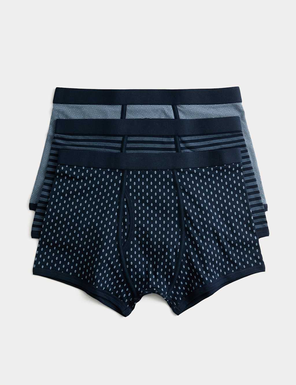 M&S 3pk Cotton Rich Cool & Fresh Geo Trunks Blue Mix