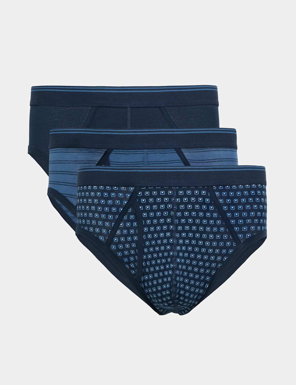 M&S Men's 3 Pack Cotton Stretch Patterned Briefs - 2XL - Blue Mix