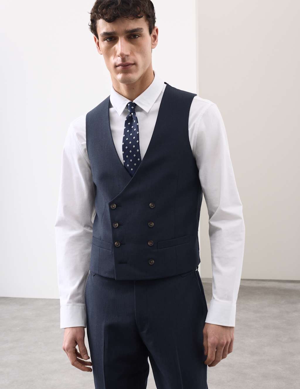 Autograph Men's Wool Linen Blend Slub Waistcoat - 48 - Navy