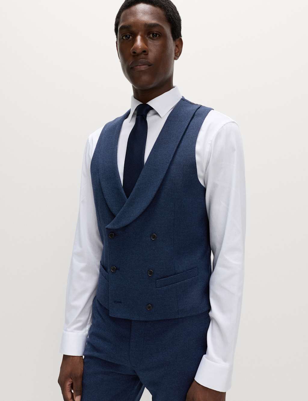 M&S Italian Wool Blend Check Waistcoat Navy
