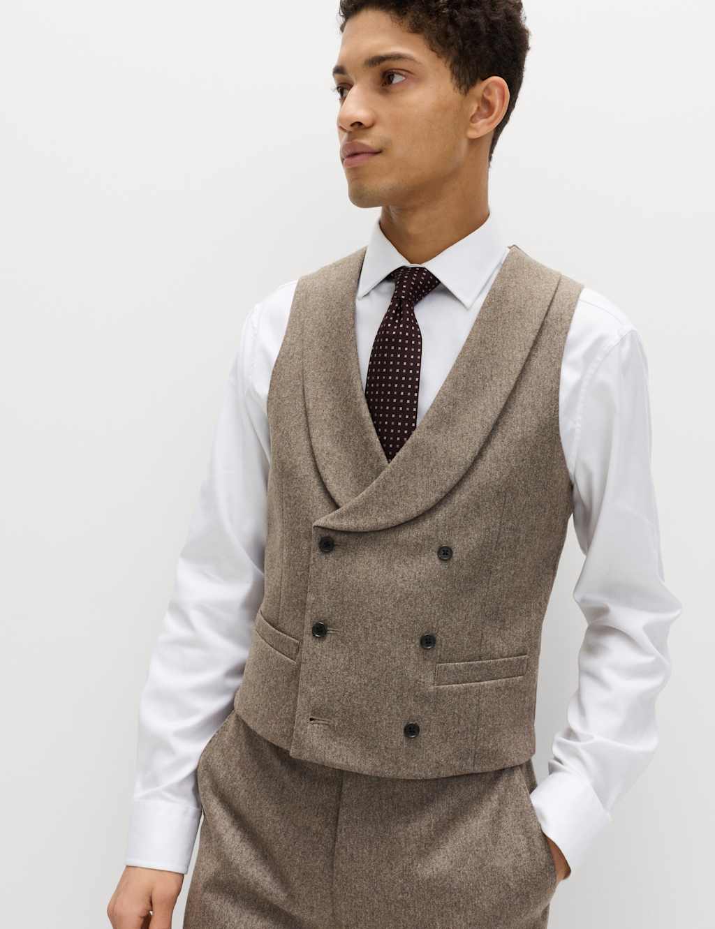 M&S Men's Italian Wool Blend Double Breasted Waistcoat - 34 - Neutral
