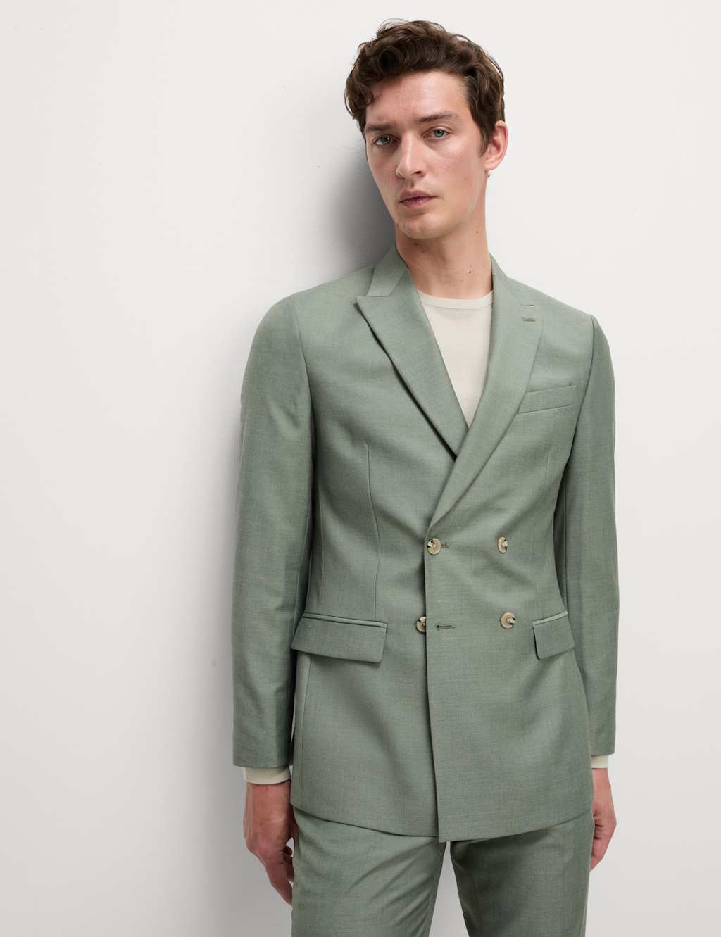 M&S Slim Fit Double Breasted Jacket with Stretch Light Green