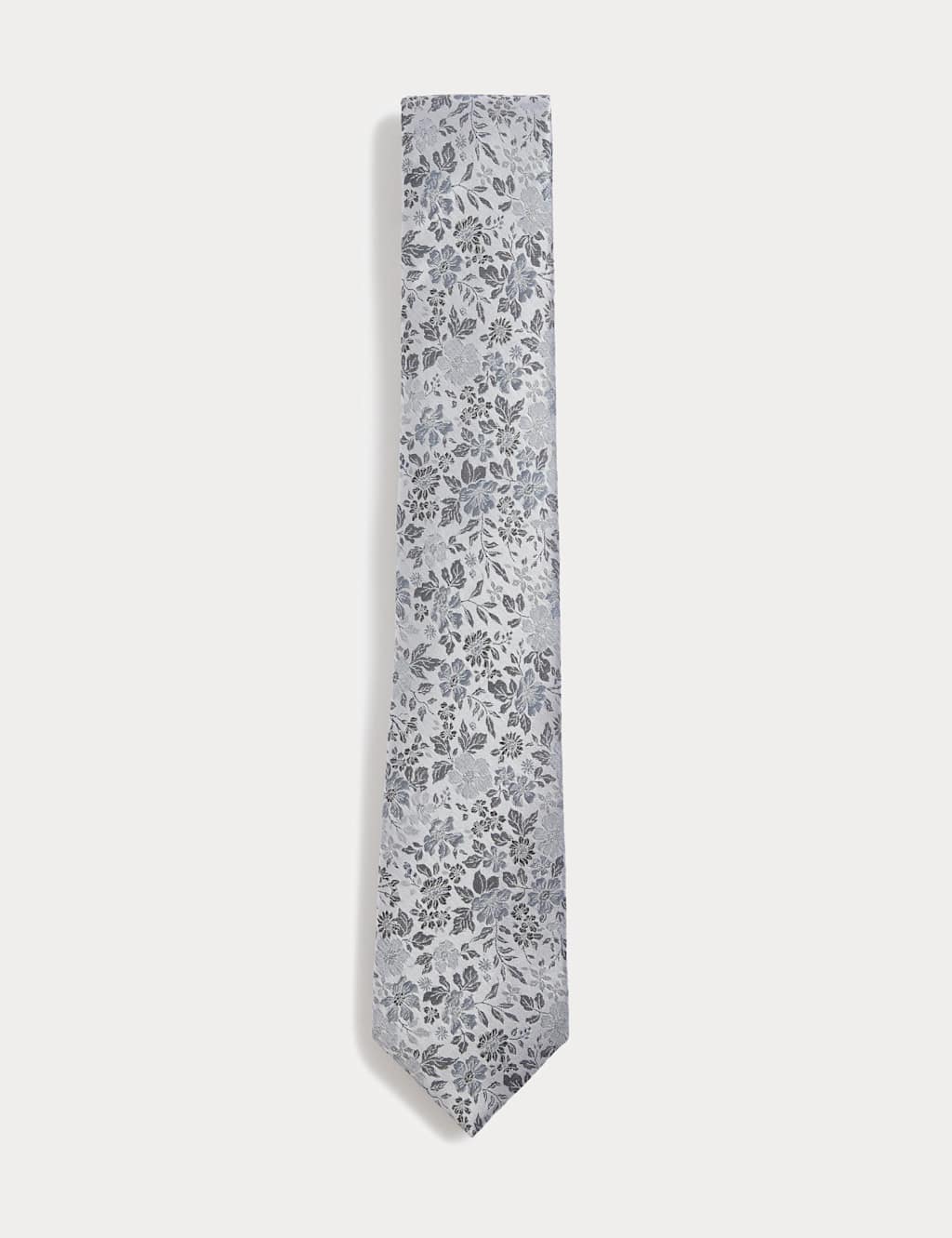 M&S Floral Pure Silk Tie Silver