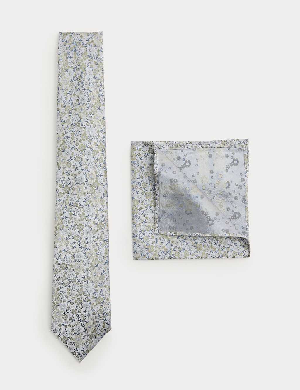 M&S Men's Pure Silk Small Floral Tie and Hank Set - Green Mix