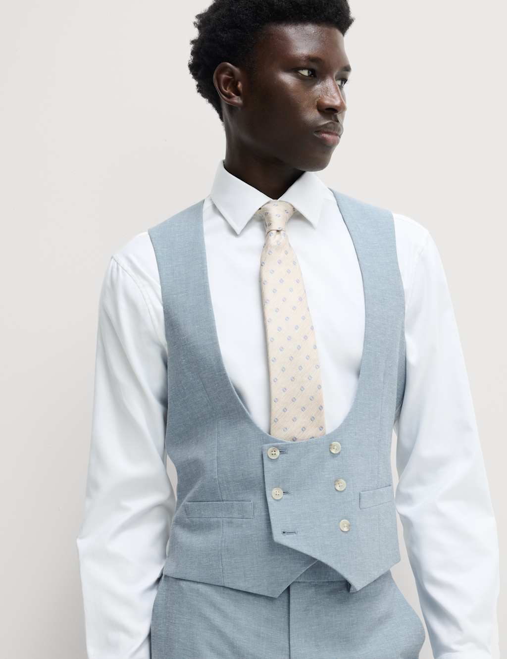 M&S Tailored Fit Double Breasted Waistcoat with Linen Chambray