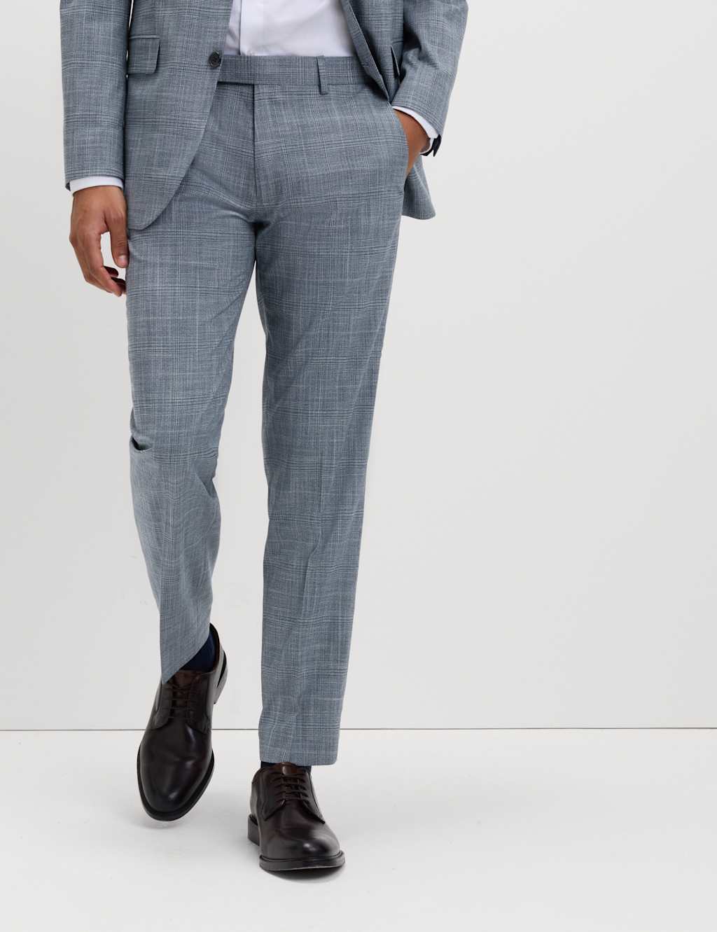 M&S Men's Tailored Fit Check Stretch Trousers - 36 - Mid Blue