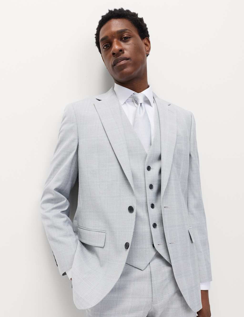 M&S Men's Check Stretch Waistcoat - 46 - Light Grey Mix