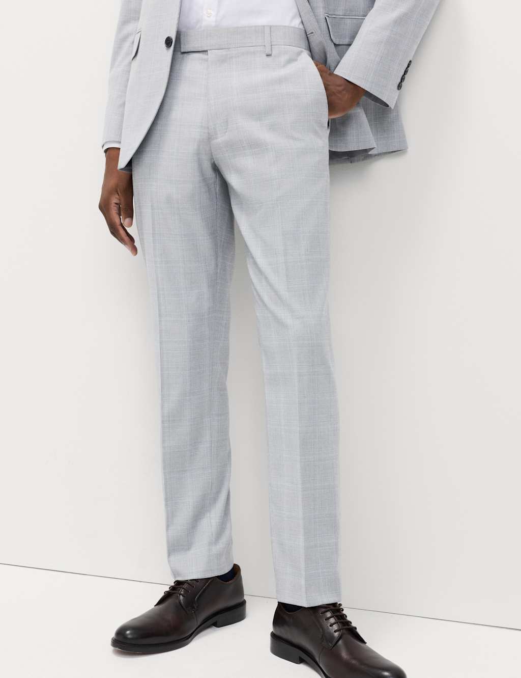 M&S Men's Prince of Wales Check Stretch Suit Trousers - 40 - Light Grey Mix