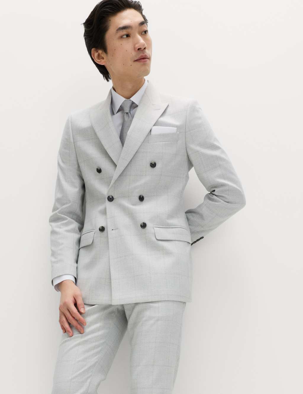 M&S Men's Slim Fit Check Double Breasted Suit Jacket - 36 - Light Grey Mix