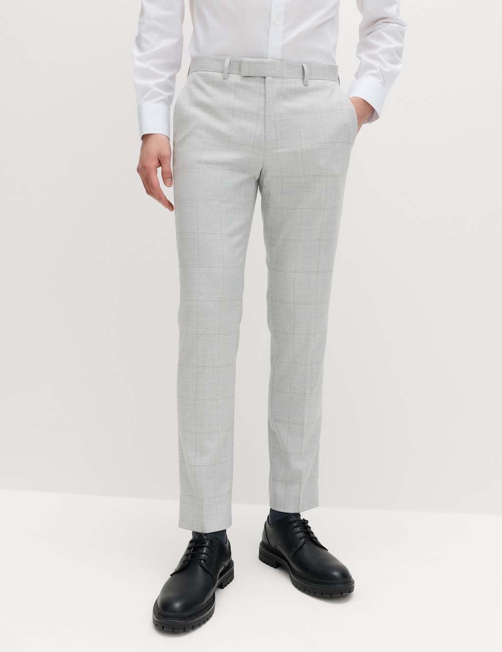 M&S Men's Slim Fit Check Stretch Suit Trousers - 28 - Light Grey Mix