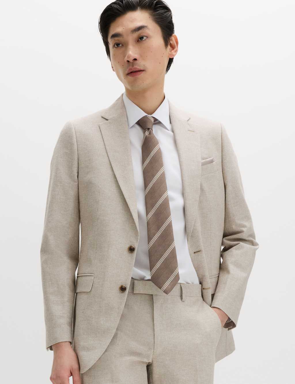M&S Men's Tailored Fit Cotton Linen Striped Jacket - 48 - Neutral
