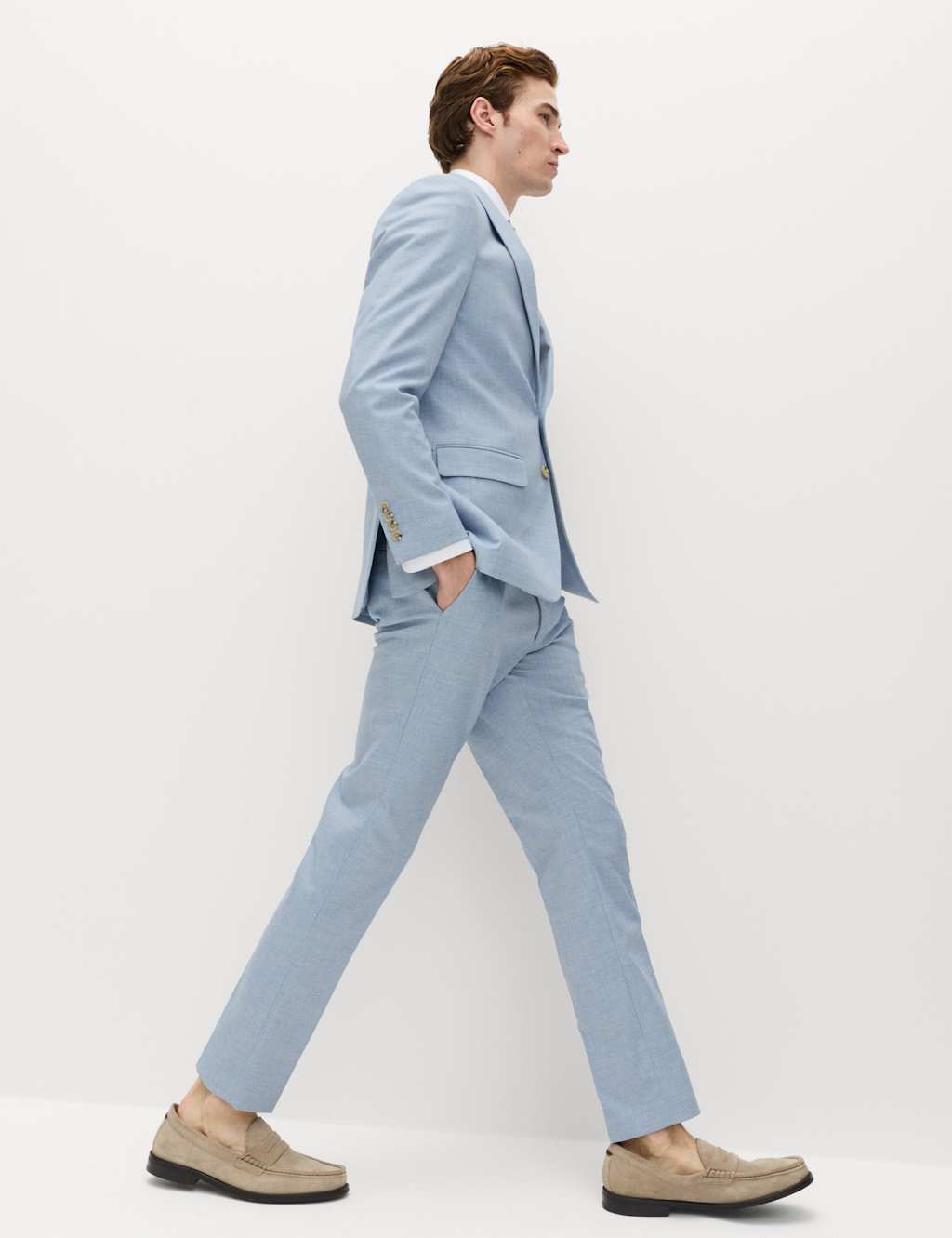 M&S Men's Slim Fit Textured Stretch Trousers - 36 - Light Blue Mix
