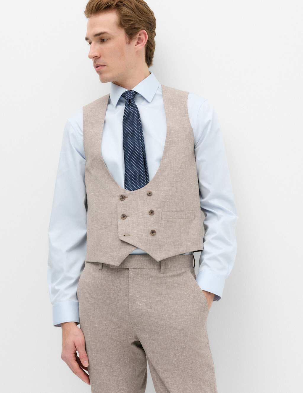 M&S Men's Slim Fit Linen Blend Stretch Waistcoat - 42 - Brown Mix