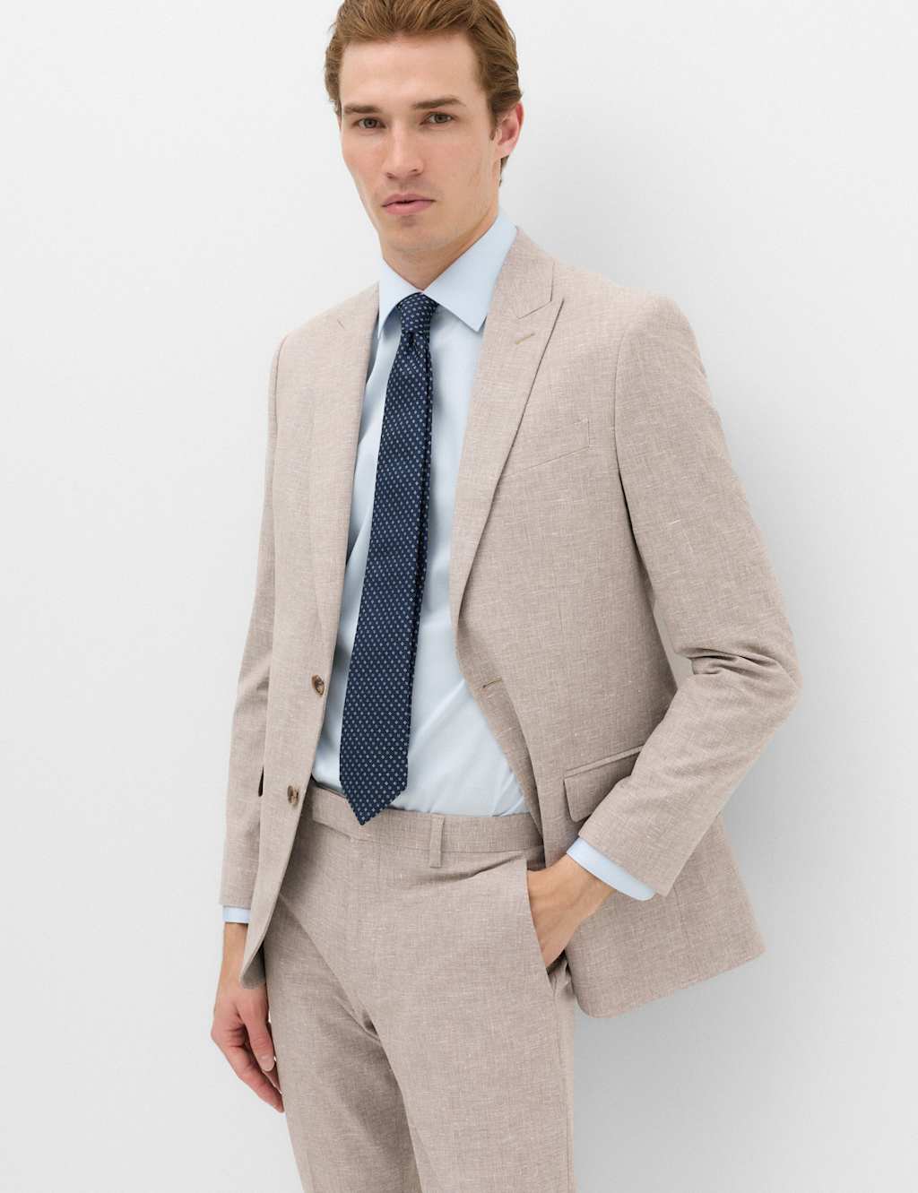 M&S Men's Slim Fit Linen Blend Stretch Suit Jacket - 48 - Brown Mix