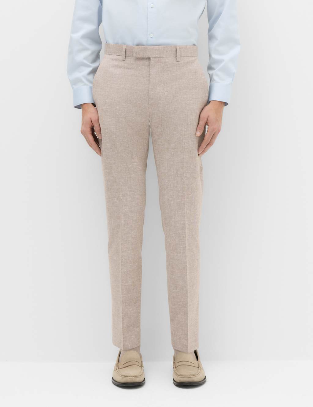 M&S Men's Slim Fit Linen Blend Stretch Suit Trousers - 42 - Brown Mix