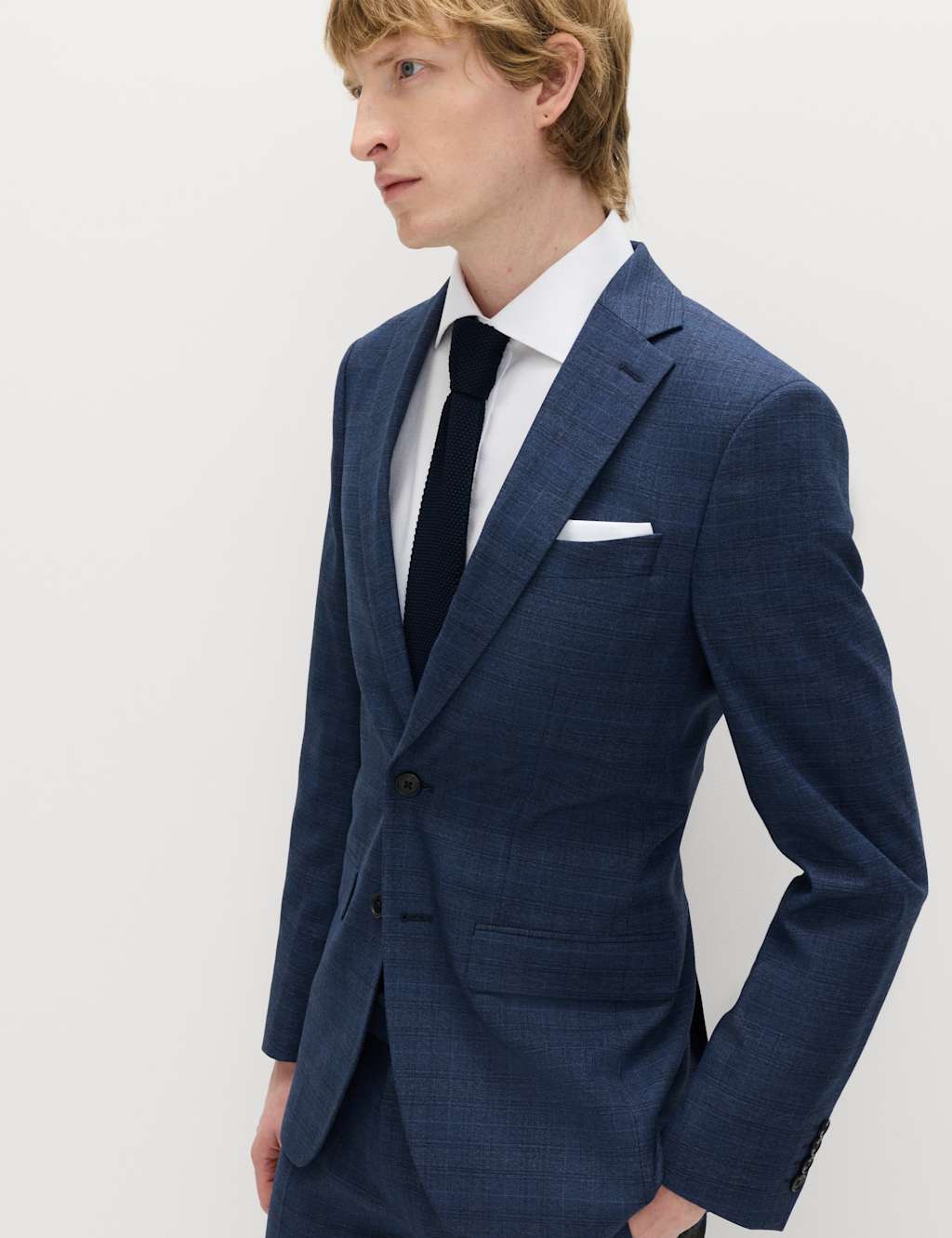 M&S Men's Slim Fit Textured Check Jacket - 36 - Mid Blue