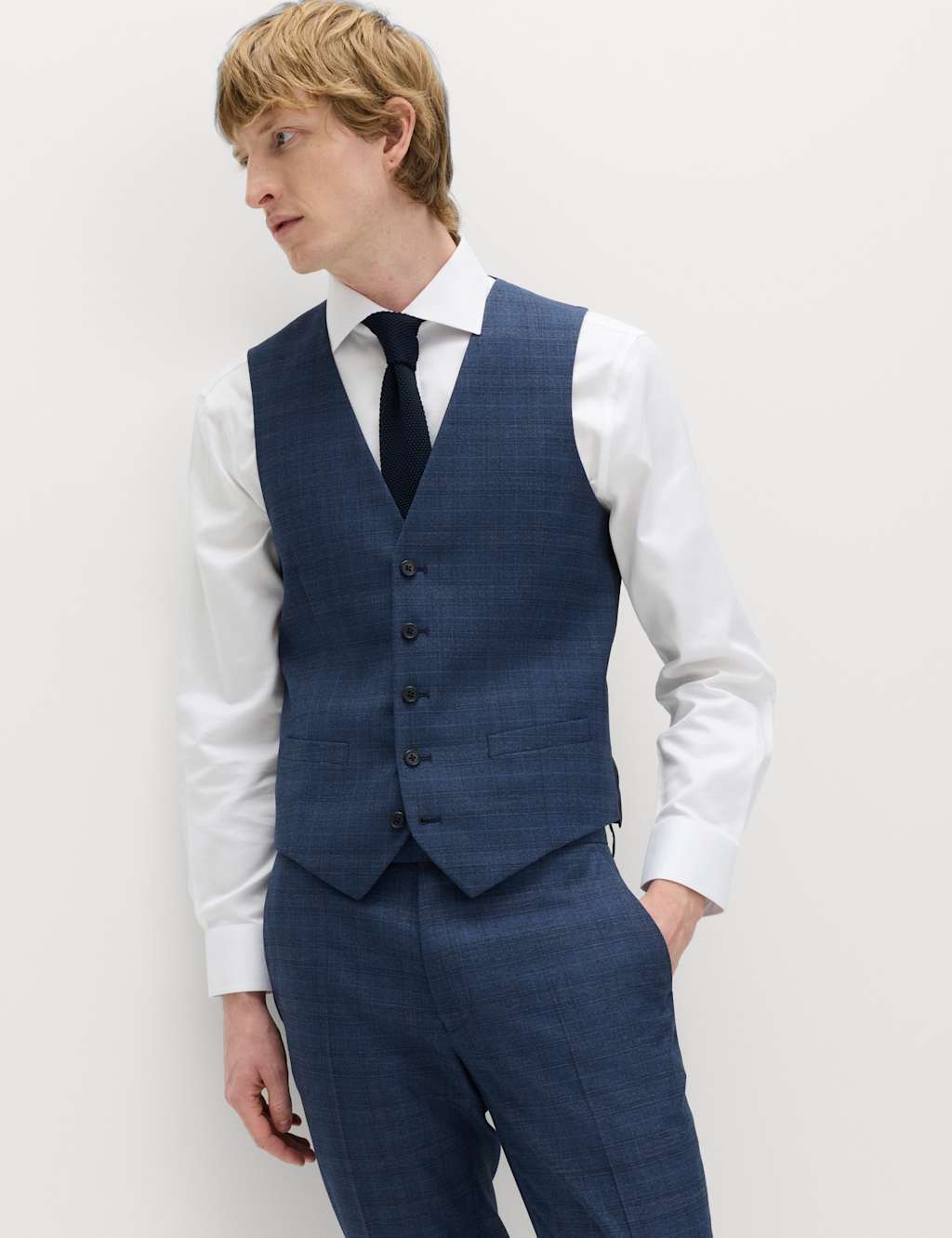 M&S Men's Textured Check Stretch Waistcoat - 34 - Mid Blue