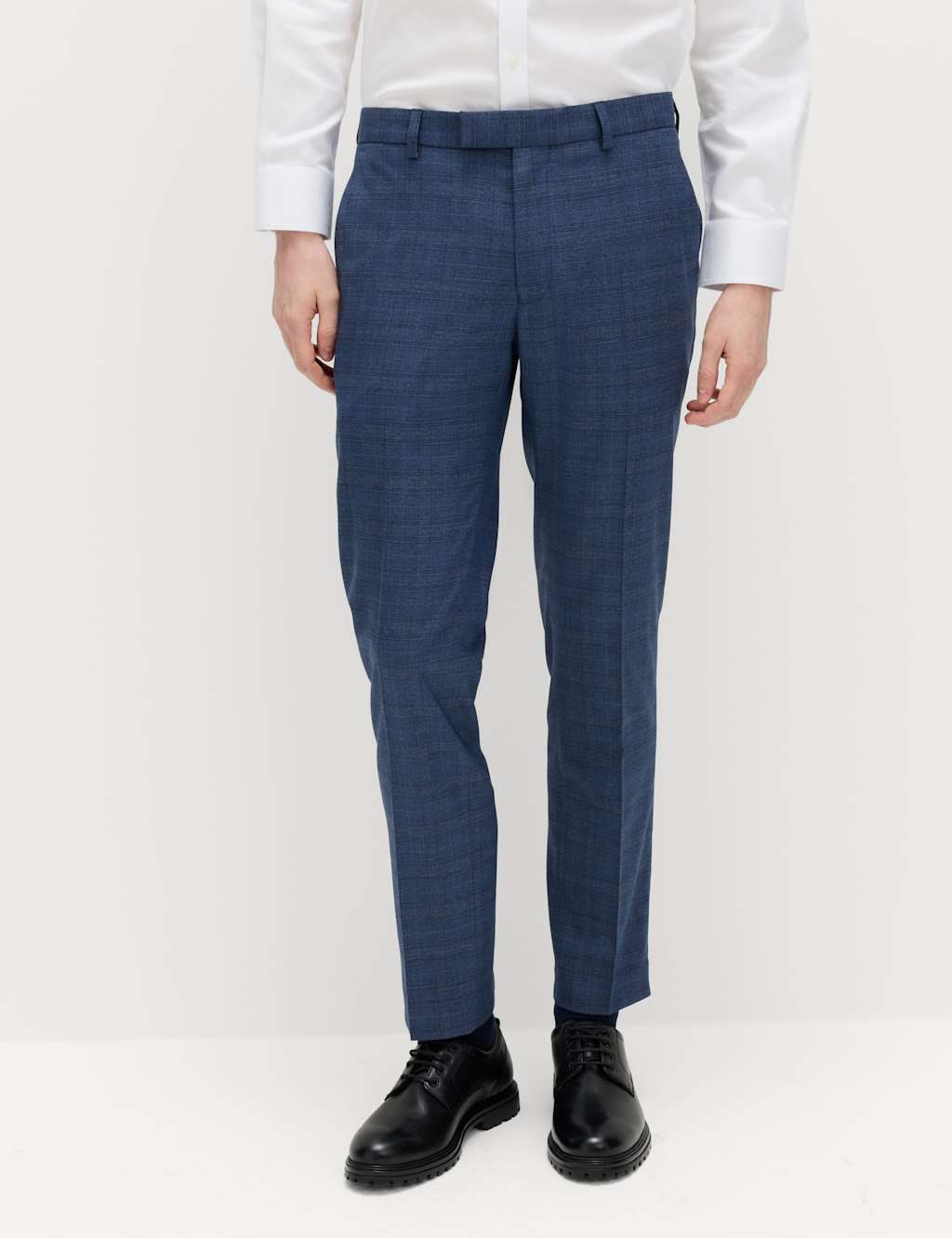 M&S Men's Slim Fit Textured Check Stretch Trousers - 30 - Mid Blue