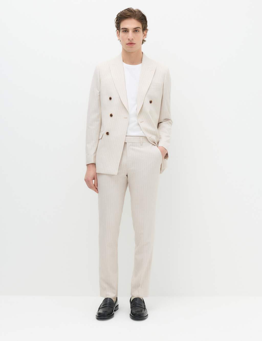 M&S Men's Slim Fit Pinstripe Suit Trousers - 30 - Ecru Mix