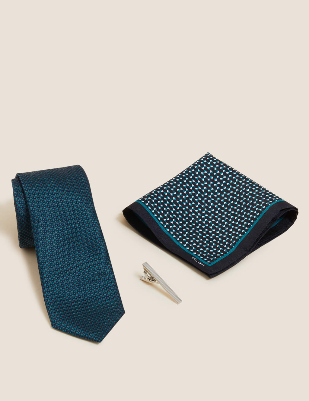 M&S Collection Men's Geometric Tie, Pin and Pocket Square Set - Dark Petrol, Dark Petrol