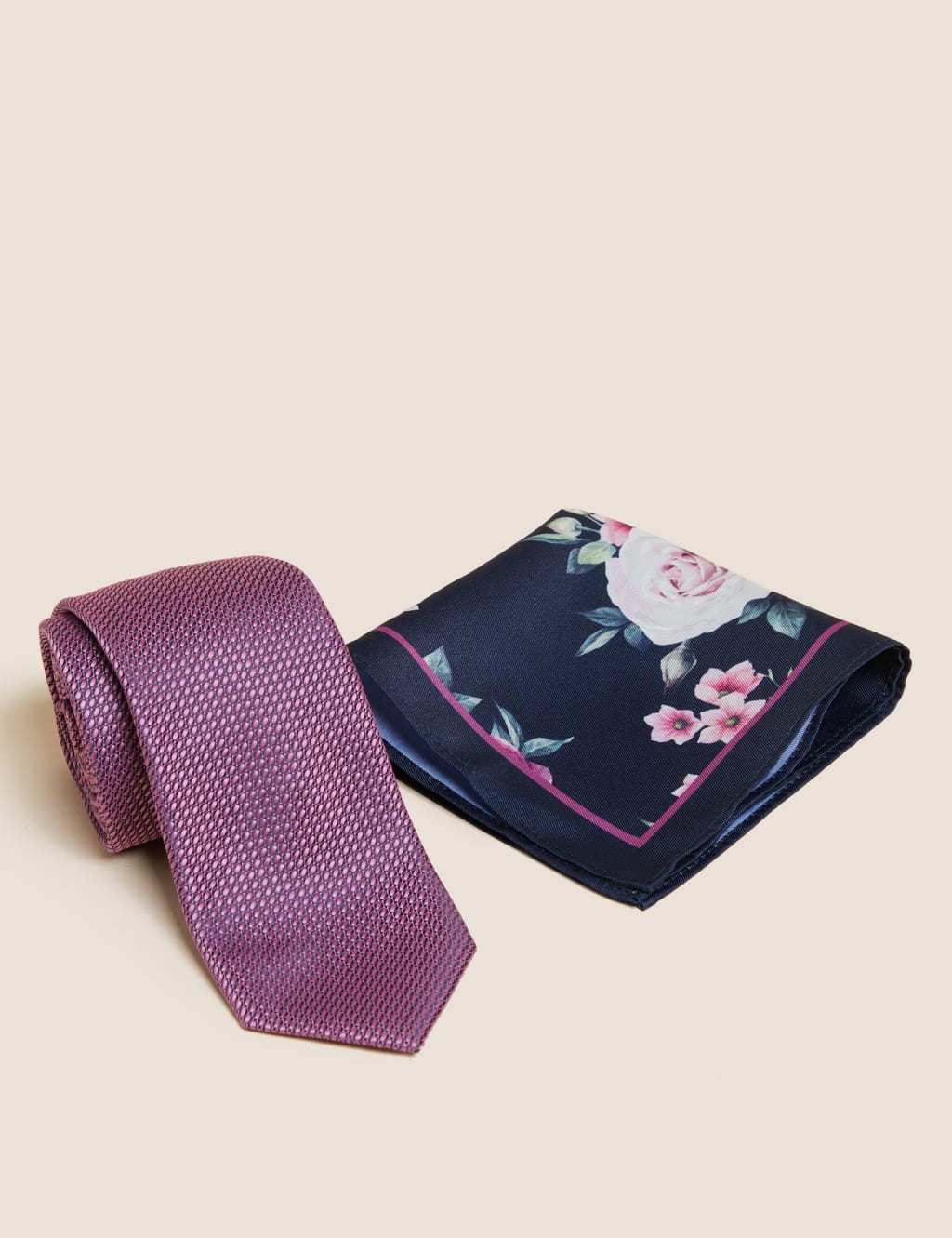 M&S Collection Men's 2 Pack Floral Tie & Handkerchief Set - Pink, Pink