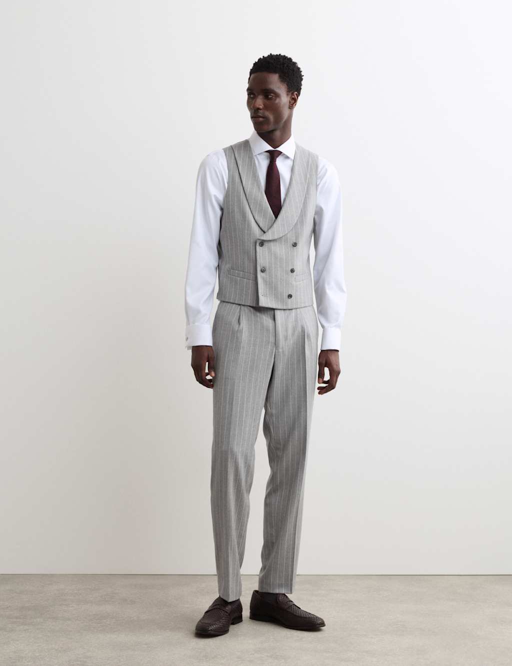 JAEGER Wool Rich Chalk Stripe Double Breasted Waistcoat Grey