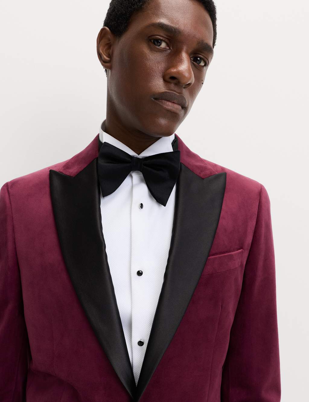 M&S Tailored Fit Velvet Tuxedo Jacket Dark Burgundy