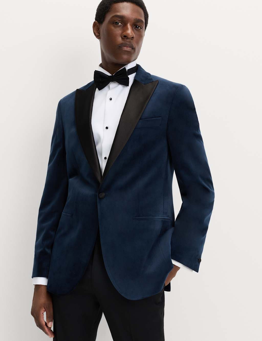 M&S Tailored Fit Velvet Tuxedo Jacket Navy