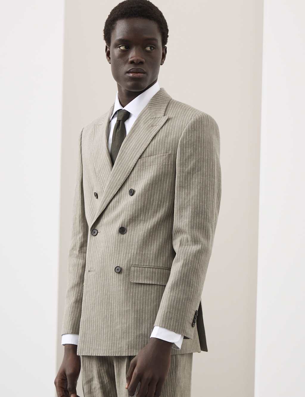Autograph Men's Tailored Fit Italian Performance Linen Blend Pinstripe Suit Jacket - 36 - Khaki