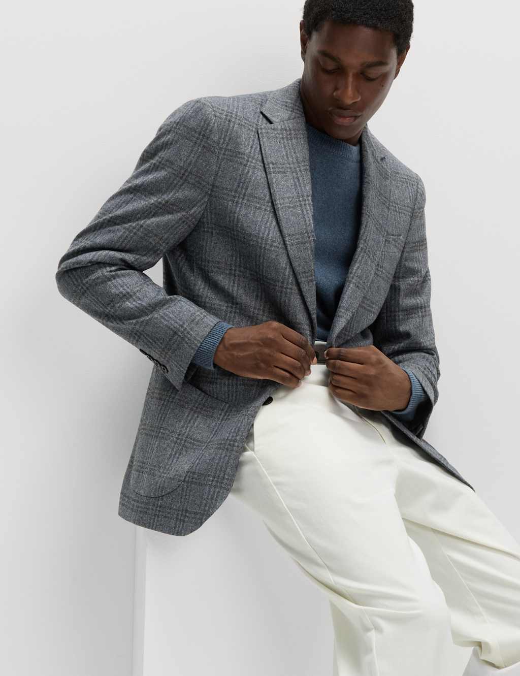 M&S Collection Men's Italian Wool Blend Check Blazer - 42REG - Navy Mix, Navy Mix