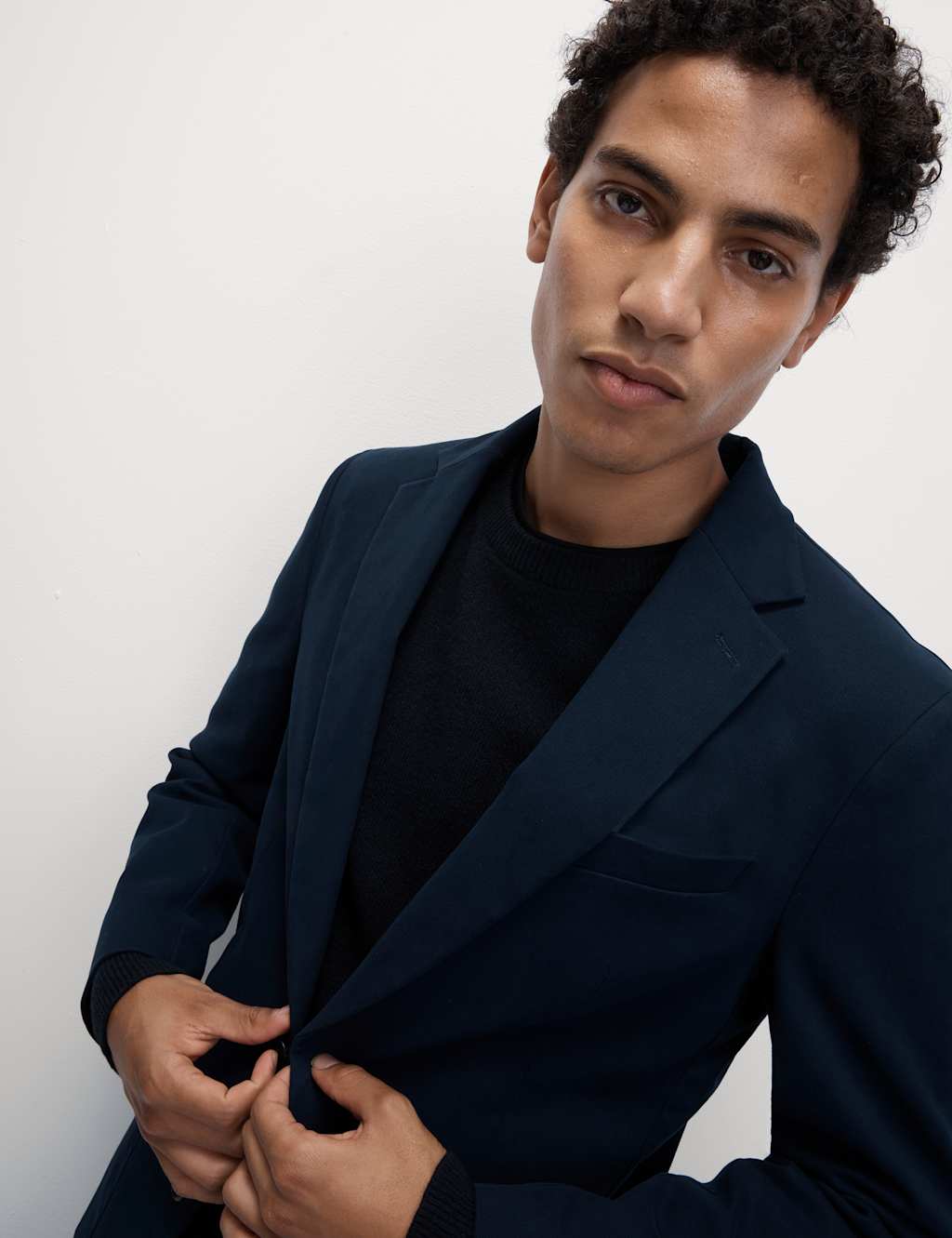 M&S Tailored Fit Cotton Rich Peached Stretch Blazer Navy