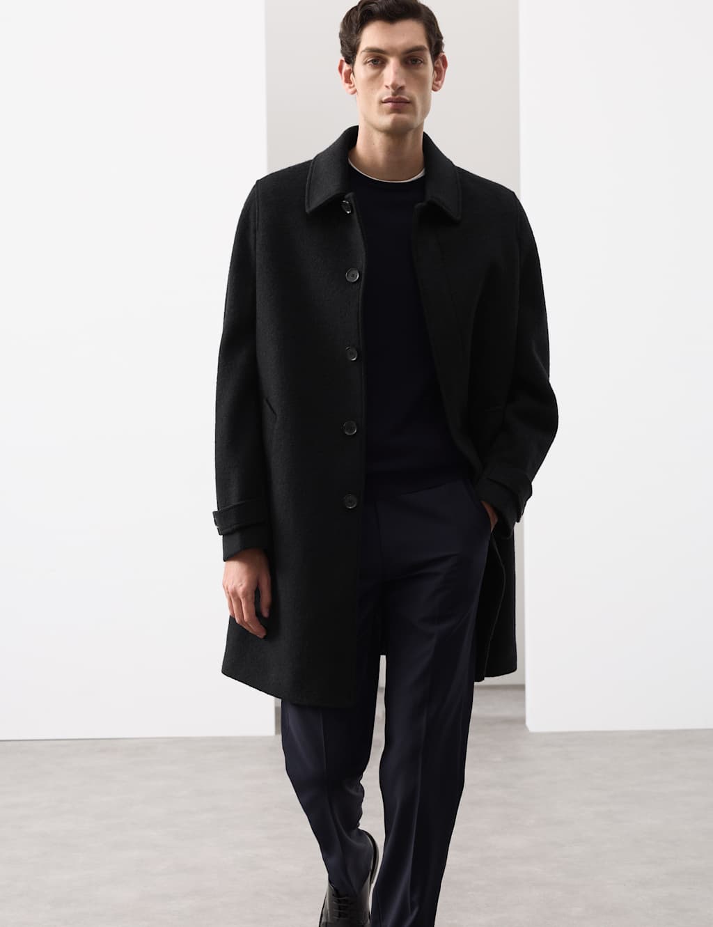 Autograph Wool Blend Textured Car Coat Dark Navy