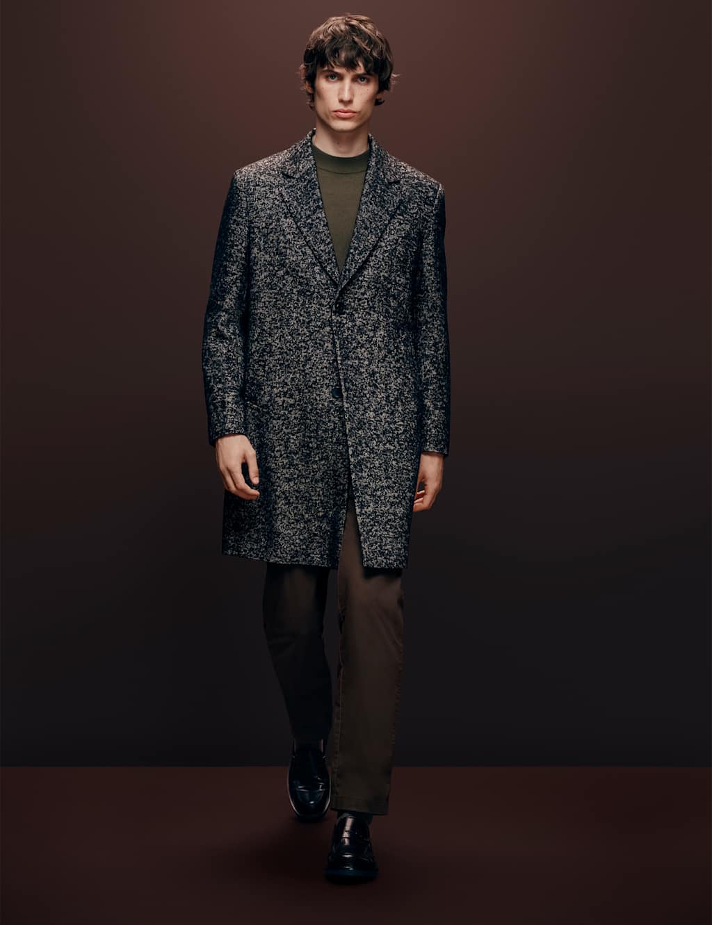 Autograph Wool Blend Herringbone Boucle Revere Overcoat Black Mix