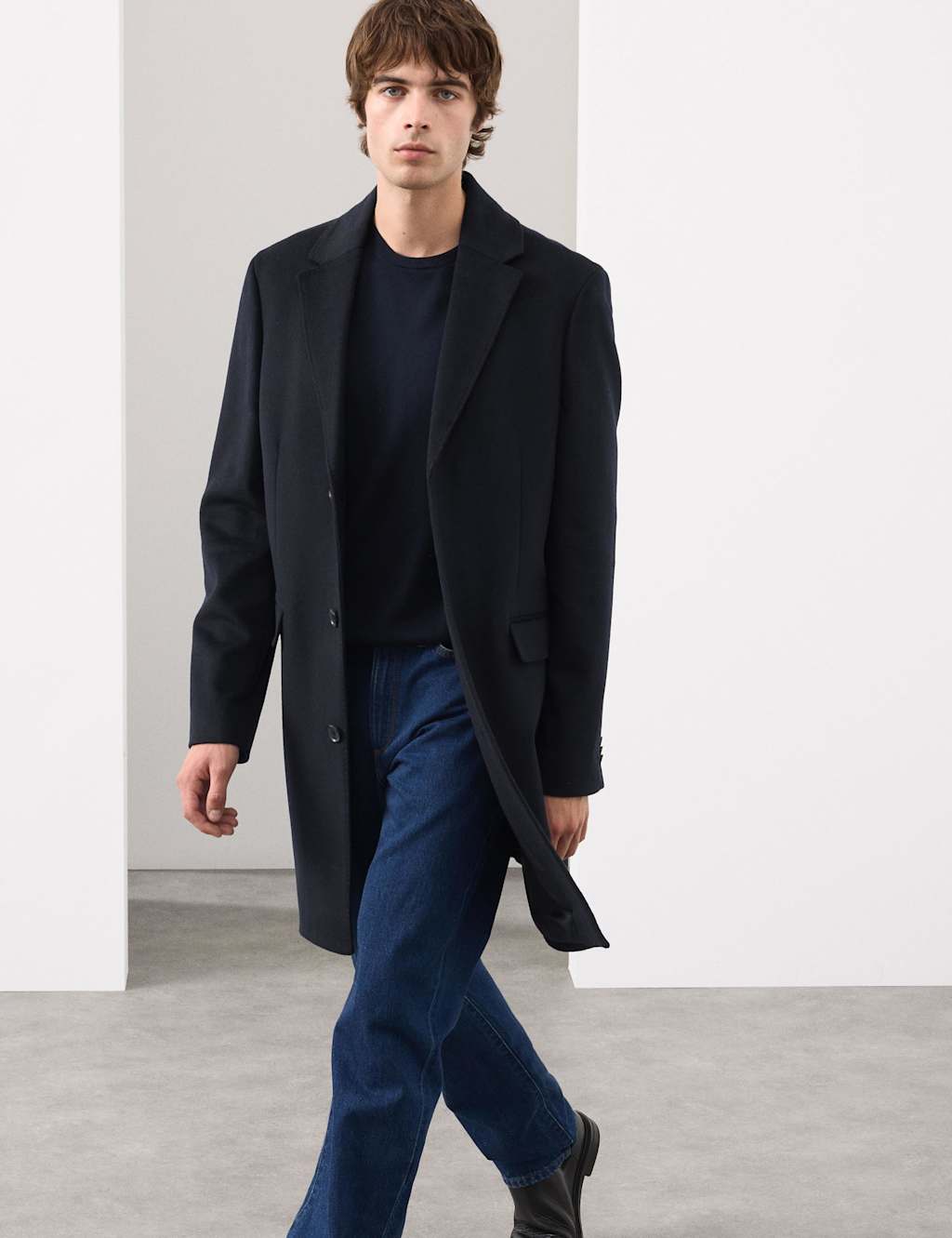 Autograph Wool Blend Revere Coat with Cashmere Dark Navy