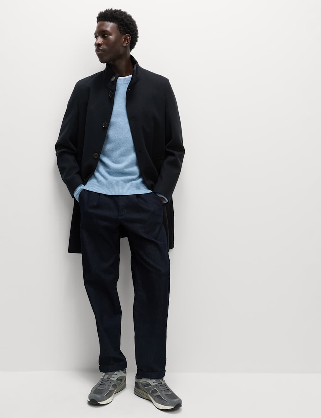 M&S Collection Men's Funnel Neck Overcoat - LREG - Navy, Black,Oatmeal,Navy