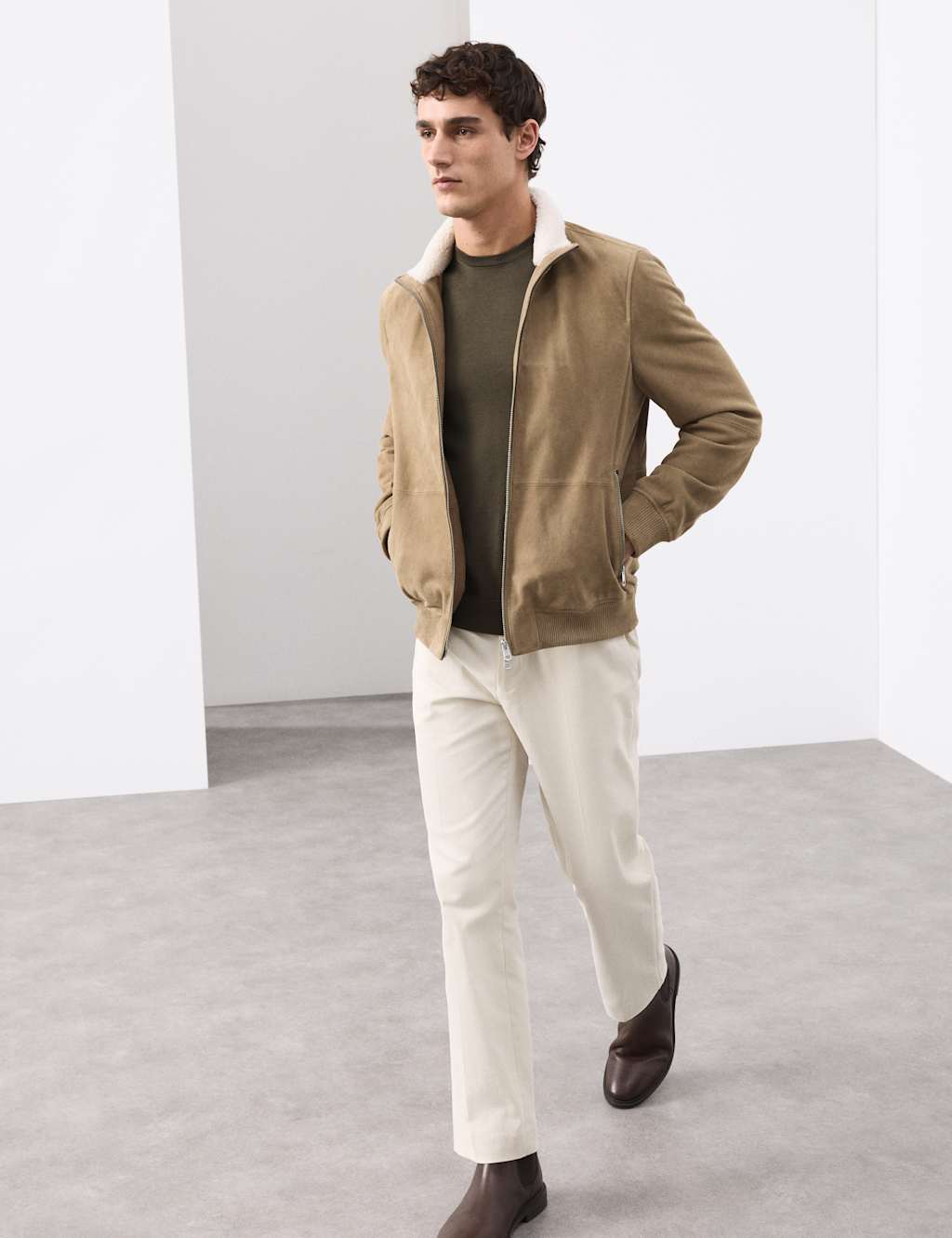 Autograph Suede Funnel Neck Bomber Jacket Sand