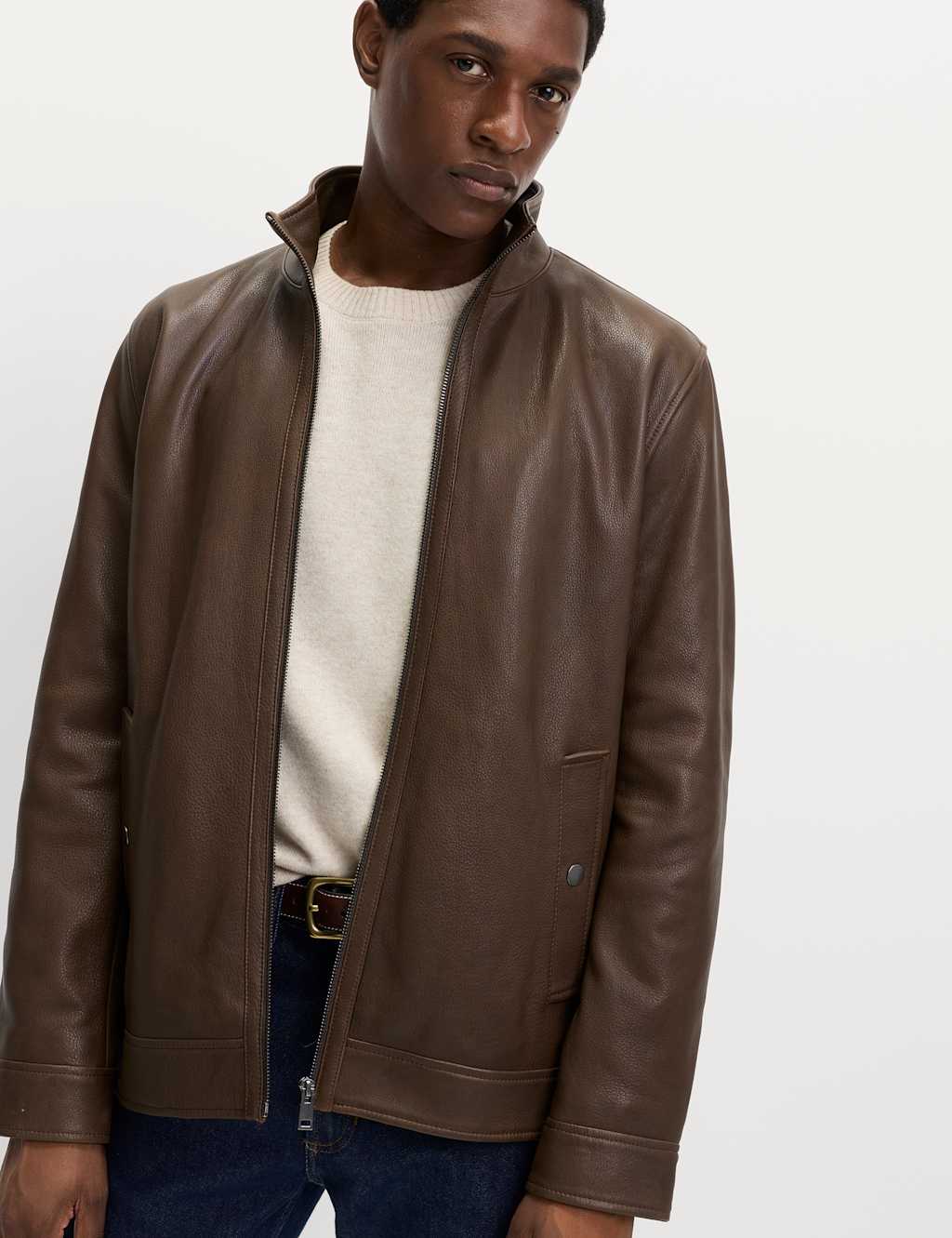 M&S Funnel Neck Leather BikerJacket Dark Brown