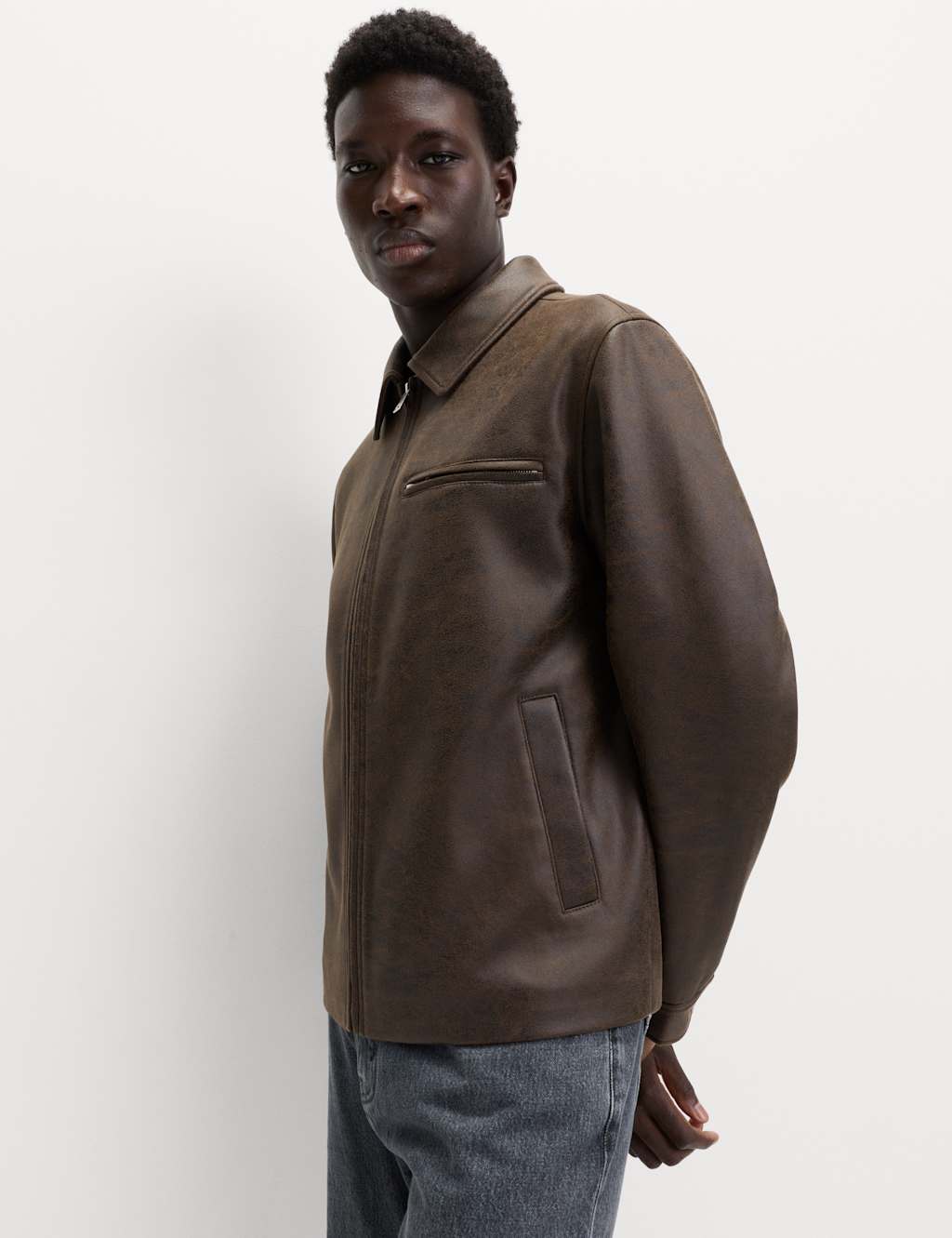 M&S Distressed Faux Leather Harrington Jacket Brown/Black