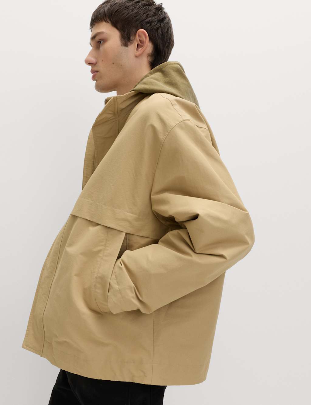 M&S Men's Cotton Rich Boxy Funnel Neck Bomber Jacket - XL - Sand